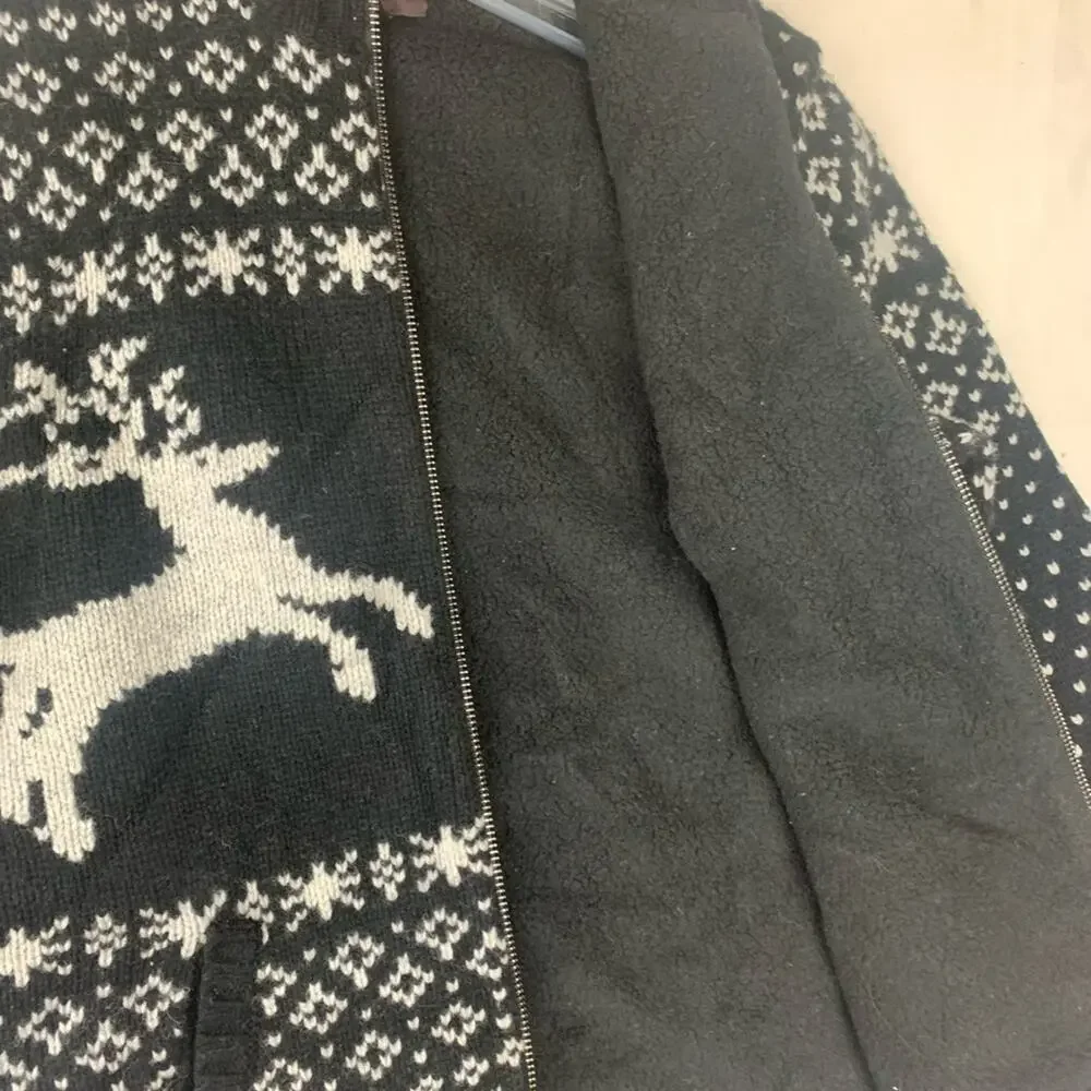 Black Brown mens small lambs wool knit reindeer sweater zip polo white new